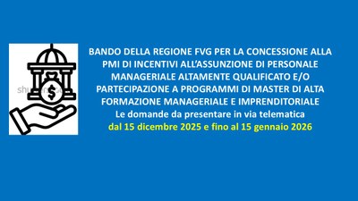 BANDO INCENTIVI PER ASSUNZIONE DI PERSONALE MANAGERIALE - scadenza 15.01.2026