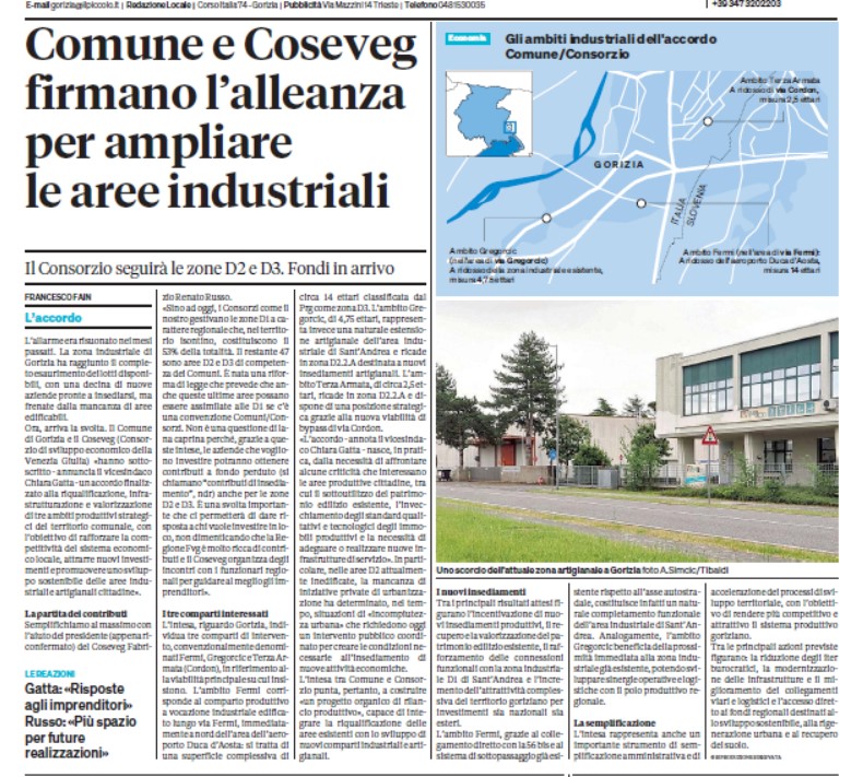 Comune e Coseveg – a breve la sottoscrizione del Protocollo d’Intesa per ampliare le aree industriali.
