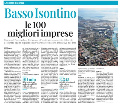 Mercoledì 25 giugno a Ronchi dei Legionari: le 100 migliori imprese del Basso Isontino protagoniste dell’evento “Best Performer”