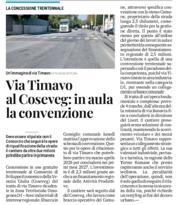 Monfalcone: via Timavo passa al Coseveg per 30 anni, lavori al via nella primavera 2026