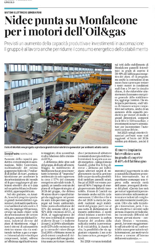 NIDEC punta su Monfalcone per i motori dell'Oil&Gas