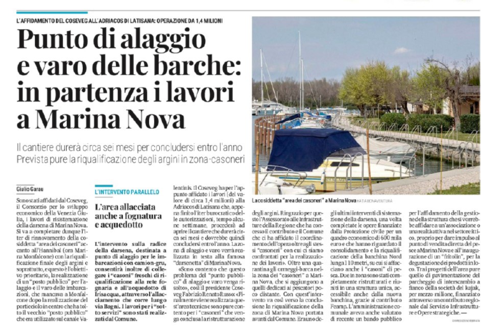 Punto di alaggio e varo barche in partenza i lavori a Marina Nova (Monfalcone).