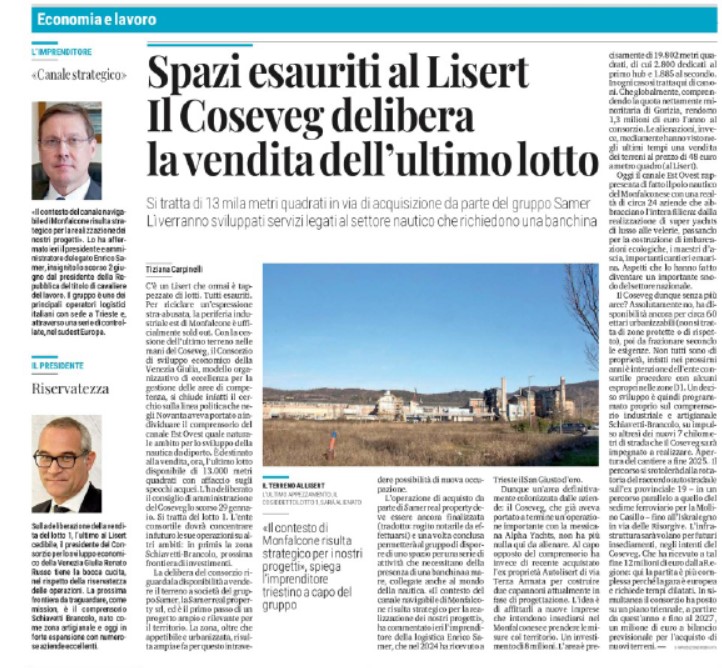 Spazi esauriti al Lisert. Il CoSEVEG delibera la vendita dell’ultimo lotto che si affaccia sul canale Est-Ovest e dove sorge il polo nautico.